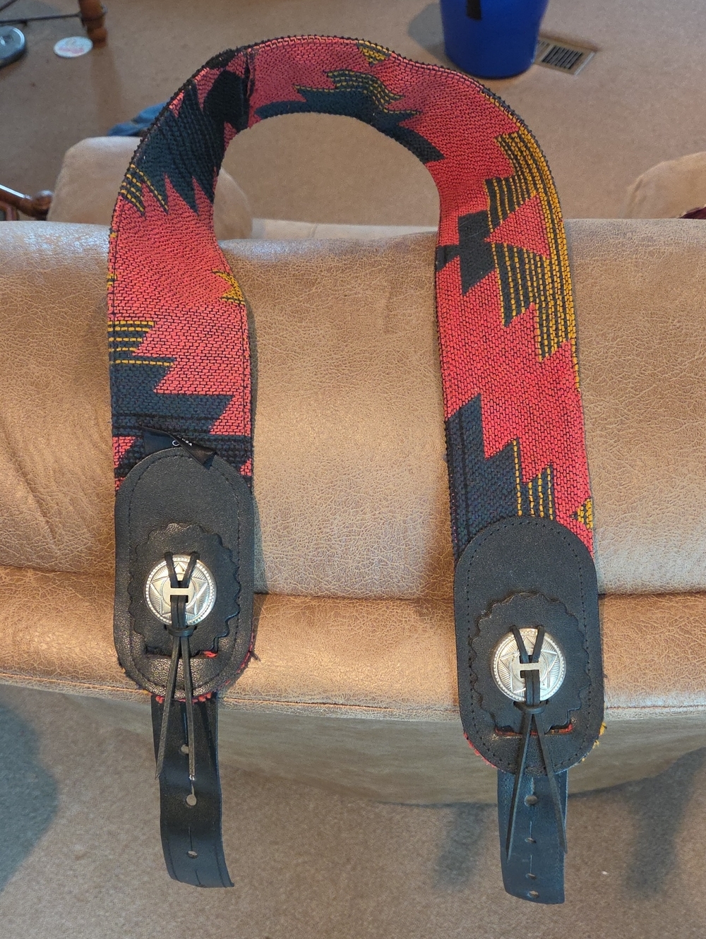 Handwoven Red & Black Guitar Strap with Geometric Pattern and Conchos